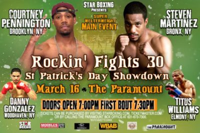 Rockin’ Fights 30 – St. Patrick’s Day Showdown – March 16th – Courtney Pennington vs. Steven Martinez